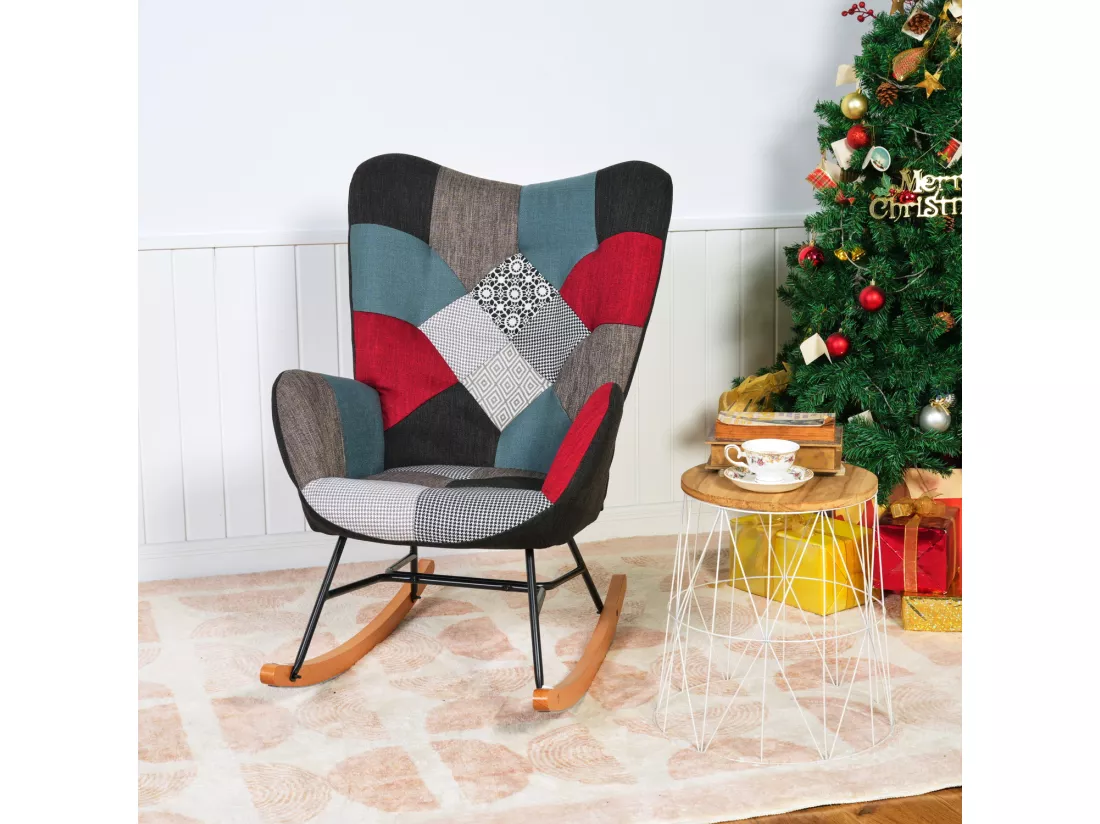 MEUBLES COSY Fauteuil à Bascule Allaitement Scandinave Chaise Loisir et Repos en Tissu Patchwork avec Pieds en E' Bois Métal pour Salon, Chambre, Le Balcon