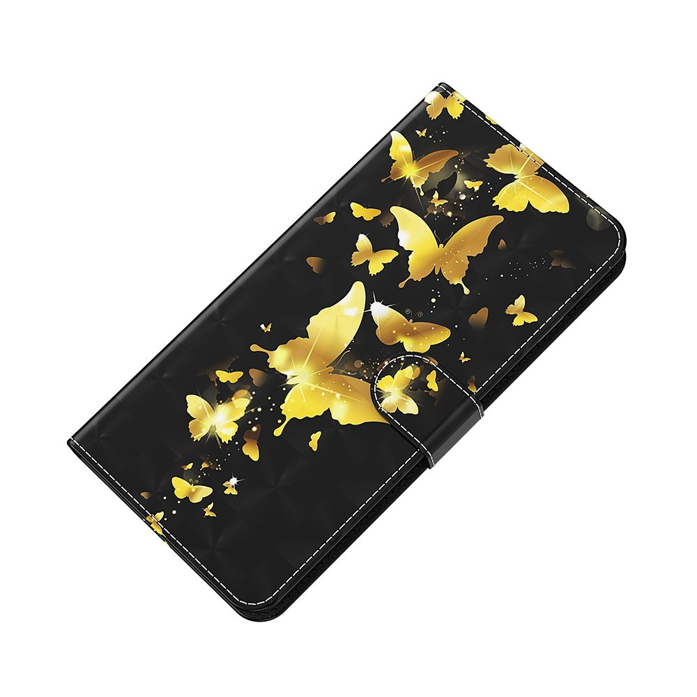 Samsung Galaxy S21 FE 5G Leder Tasche mit Kartenfach   Handschlaufe - Schmetterling (Schwarz / Gold)