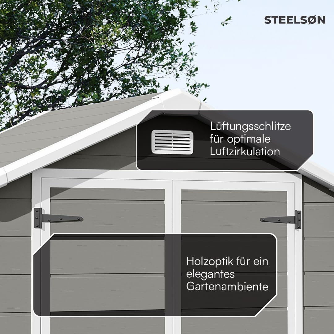 STEELSØN Novara Gerätehaus – Gartenschuppen mit Satteldach & Fenster – Gartenhaus 210x134x182 cm (HxTxB) – Geräteschuppen aus Kunststoff in Grau – Gartenhütte wetterfest & rostfrei – Schuppen