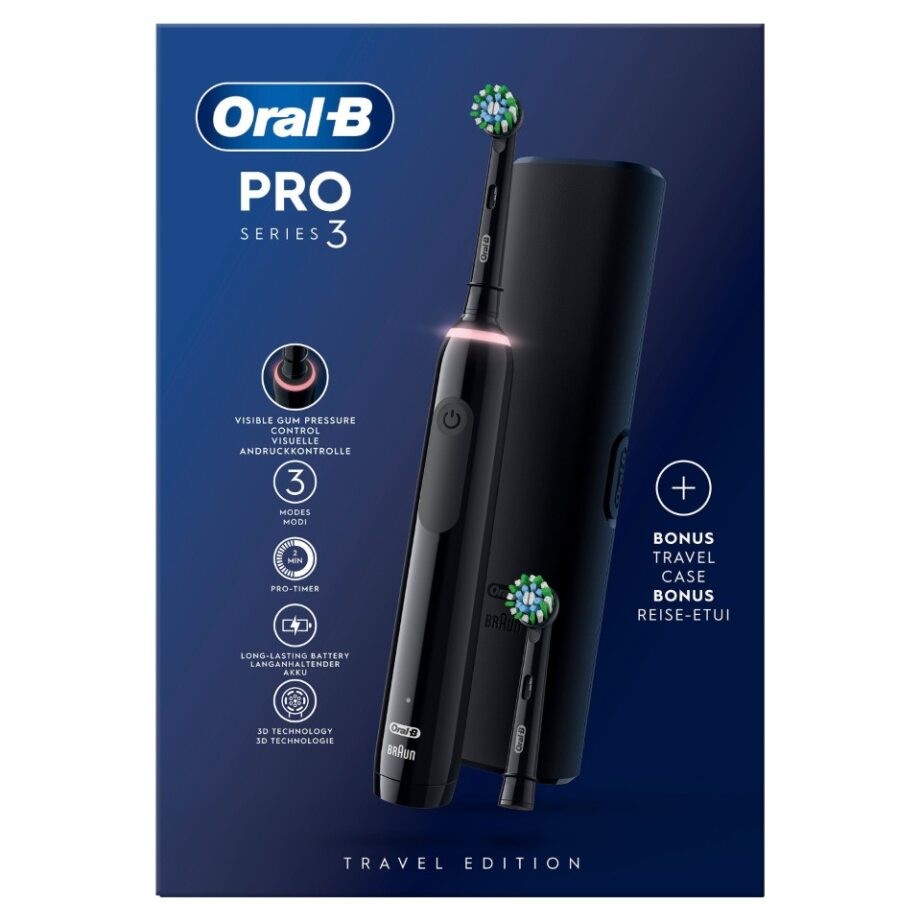 Oral-B - Pro3 Sort Elektrisk Tandbørste + Ekstra Sort Børstehoved + TC