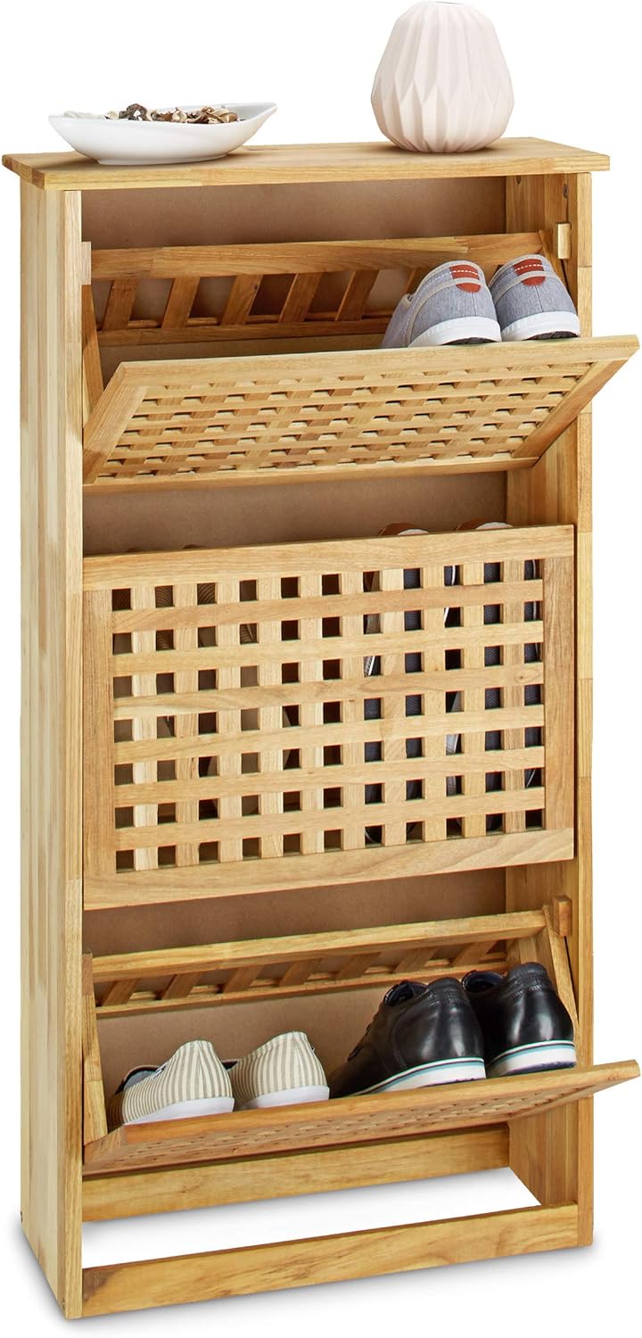 Relaxdays Schuhkipper Walnuss, Schuhklapper HBT: ca. 20,2T x 55B x 104,3H cm, moderne Schuhkommode für Flur u. Diele, natur
