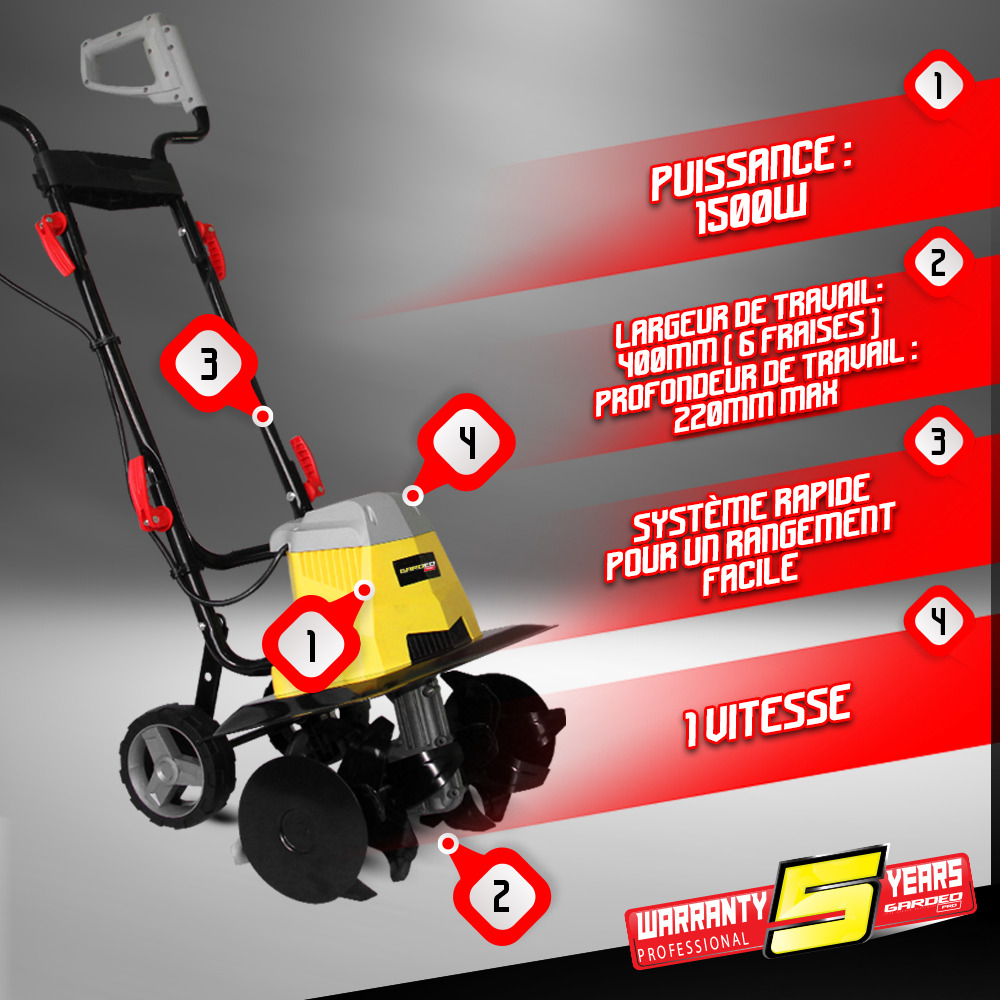 Motobineuse électrique 1500w - 6 fraises - gardeo