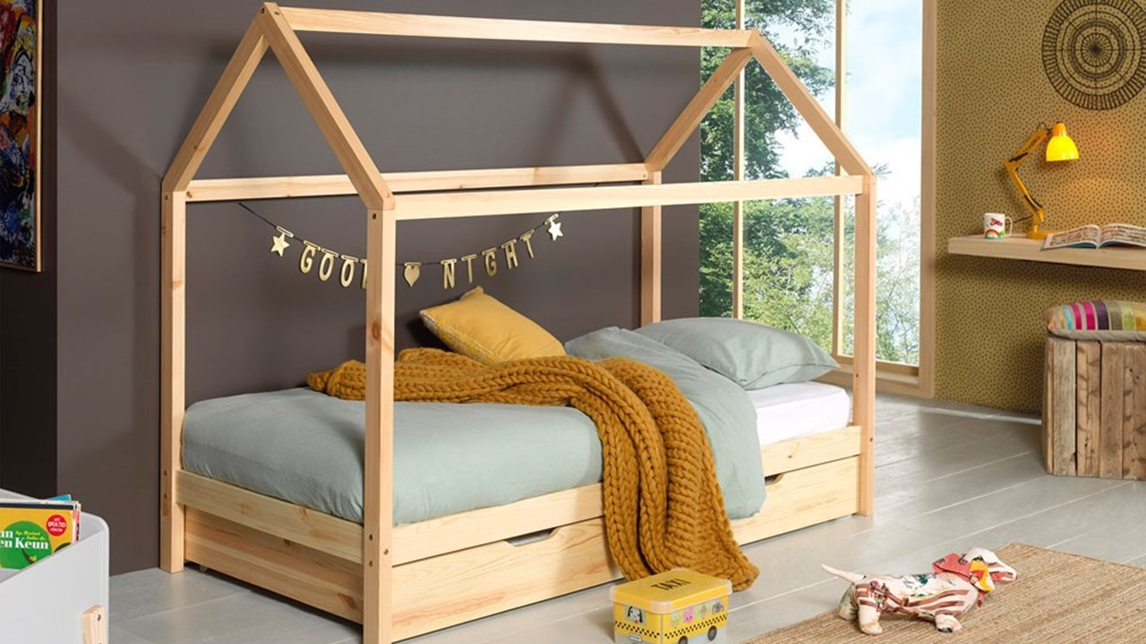 Bed Dallas met dak en slaaplade naturel