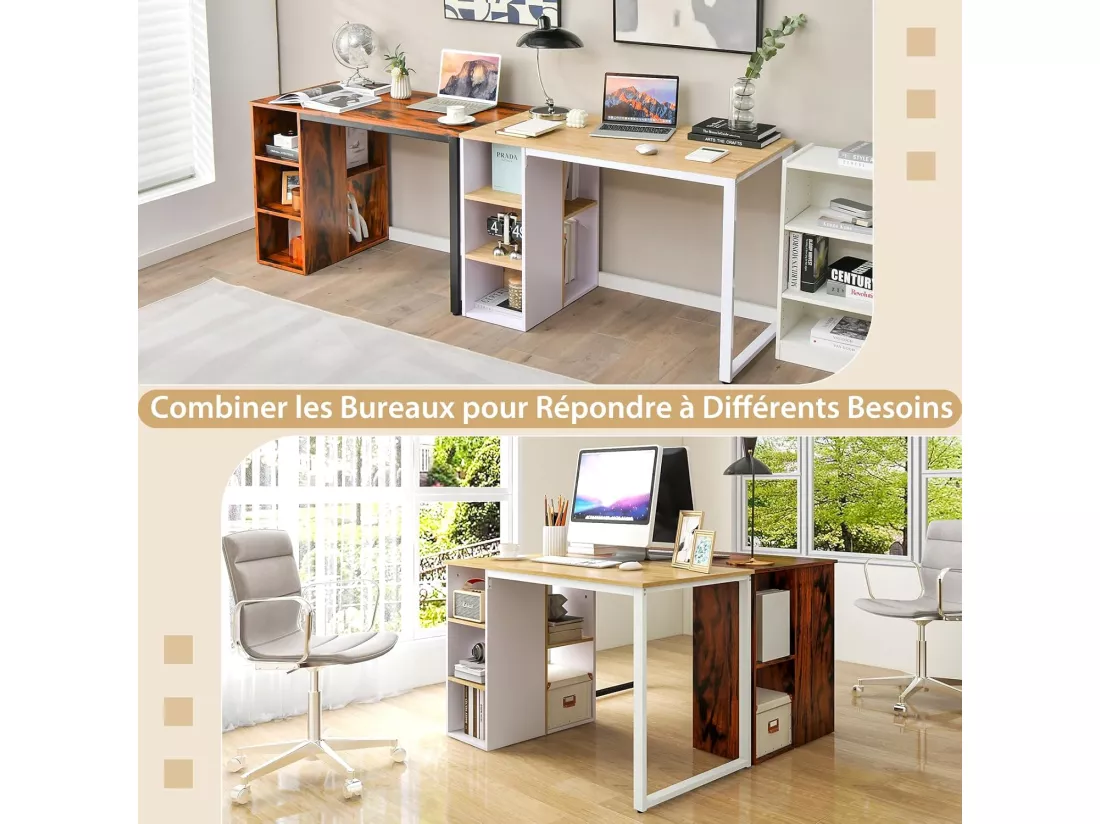 Bureau d'Ordinateur avec Bibliothèque, Bureau Informatique avec 5 Compartiments, Cadre en Métal, Table d'Ordinateur pour Bureau, Chambre, Studio, 115 x 59,5 x 75 cm (Naturel)