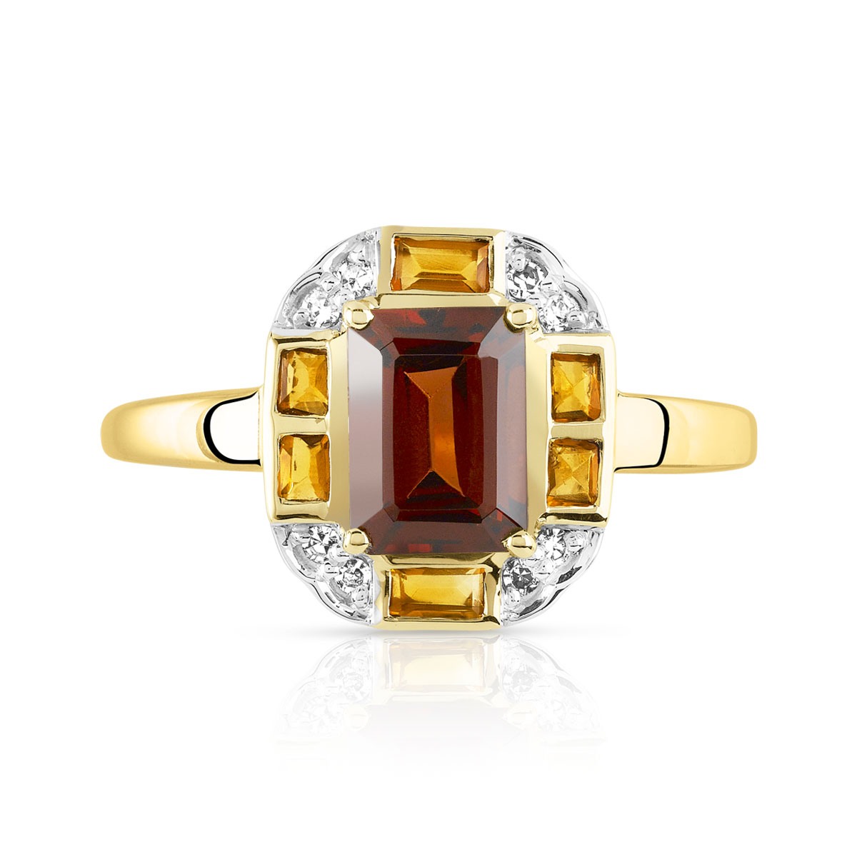 Bague or 375 2 tons grenat citrines et diamants
