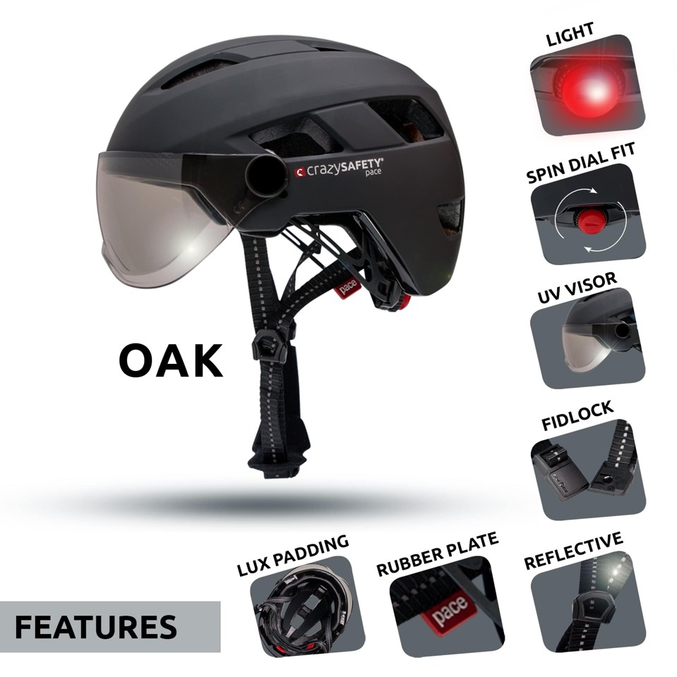 Crazy Safety - E-Bike cykelhjelm m. visir & LED lys (55-61 cm)