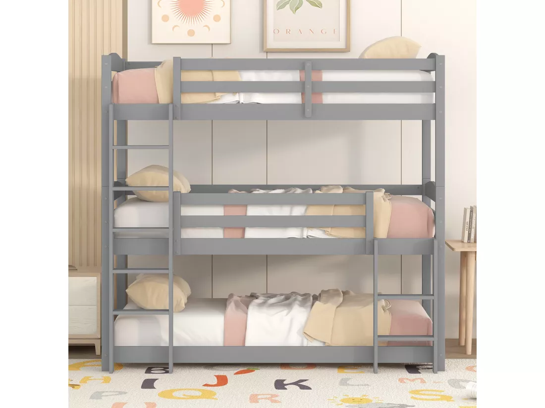 Lit superposé triple avec échelle et barrière de protection - 90x200cm - bois massif - Gris