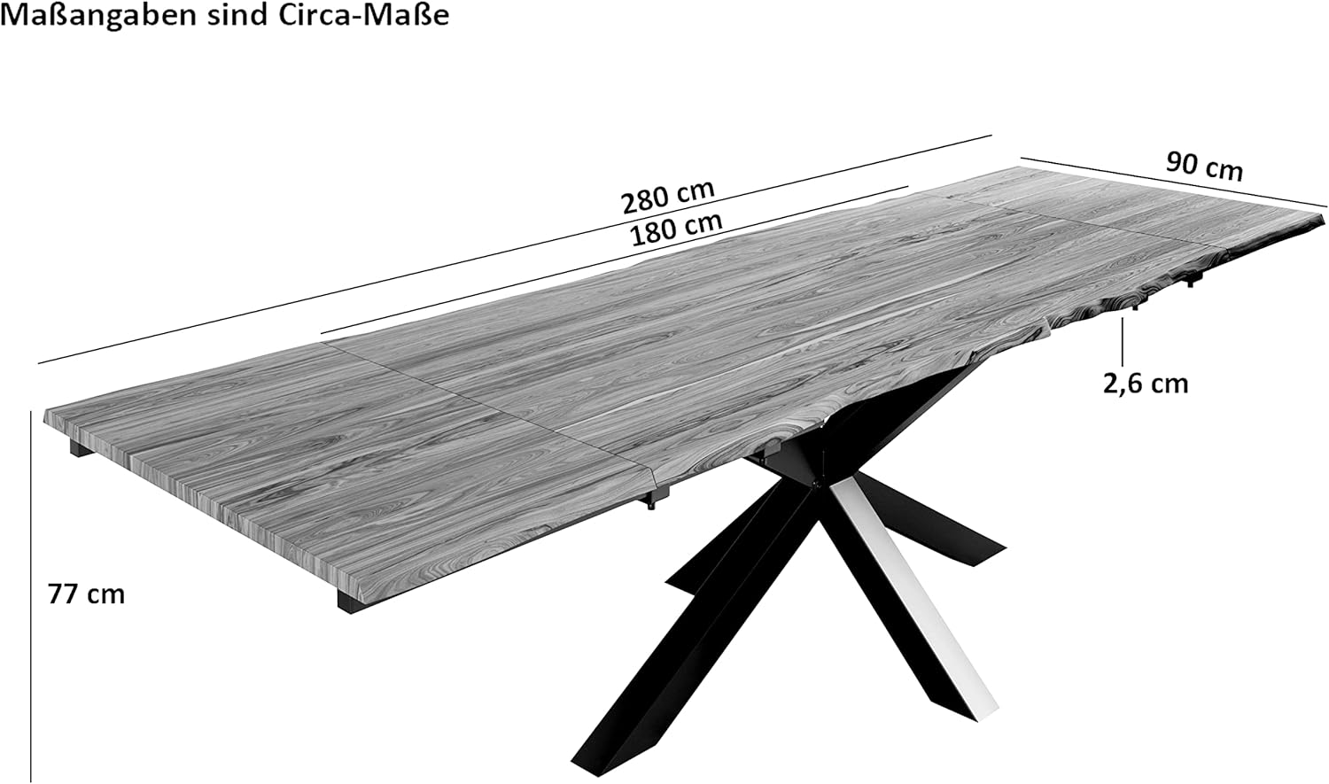 SAM Baumkantentisch 180 (280) x 90 cm Jannik, Akazienholz massiv & stonefarben, Esstisch inkl. 2 Ansteckplatten 50 x 90 cm, echte Baumkante, Spider-Metallgestell in Schwarz