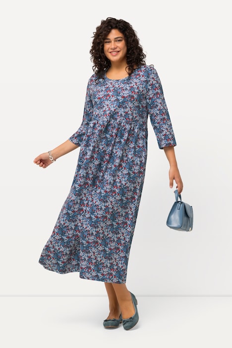 Jerseykleid, Blüten, A-Linie, Rundhals, 3/4-Arm