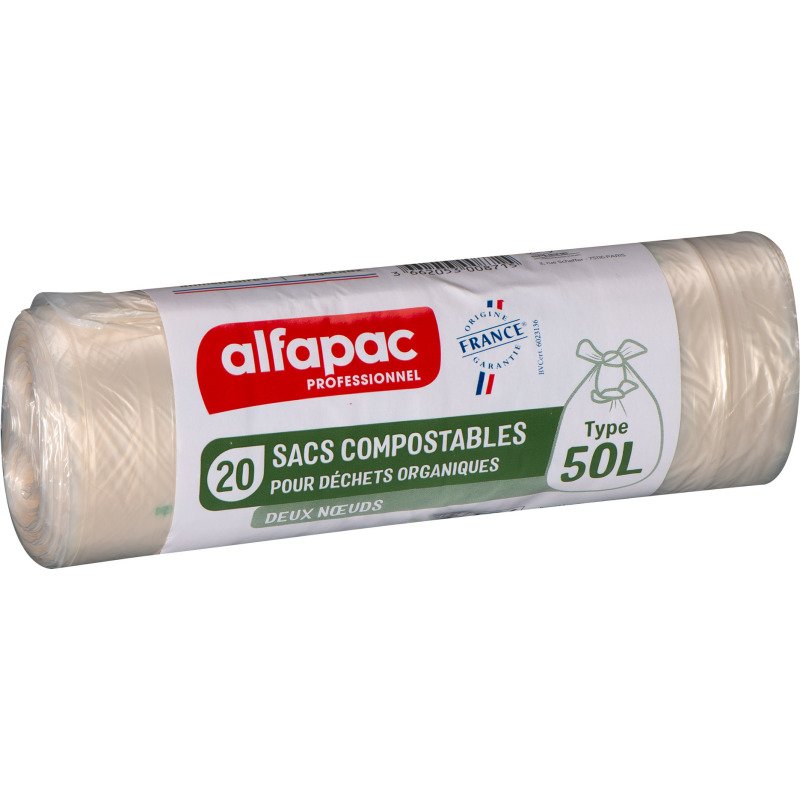 Sac poubelle pour déchets compostable 50 L Alfapac professionnel - 20 sacs