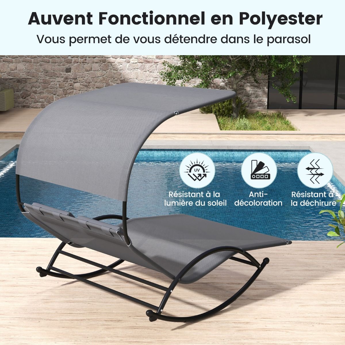 Chaise Longue Double Chaise à Bascule pour 2 Personnes 2 Appui-Têtes Amovibles Cadre en Métal Robuste Lit de Repos Ergonomique 2 Places Gris/Noir/Beige - Lidl-Manfred
