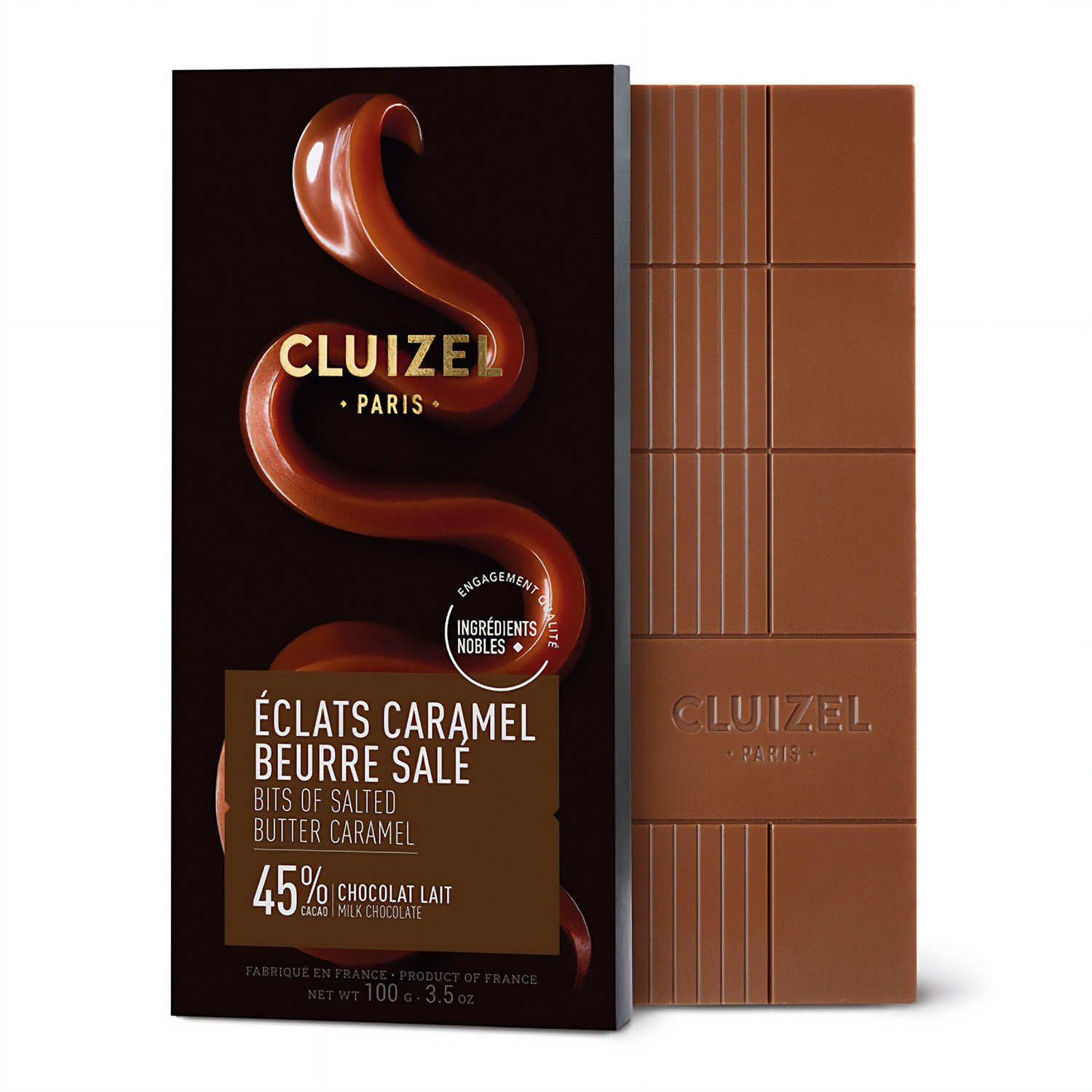 Tablette chocolat au lait 45% et éclats de caramel beurre salé