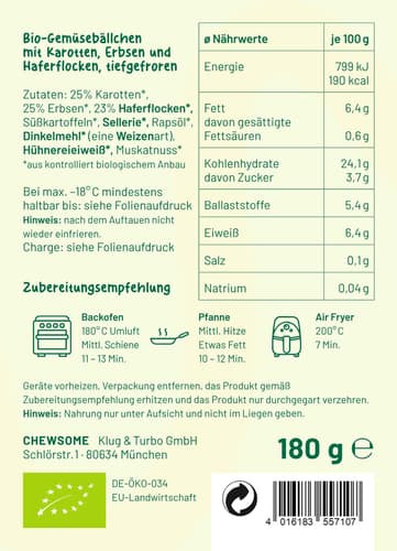 Chewsome Bio Karotten Erbsen Hafer Bällchen, ab 6 Monate