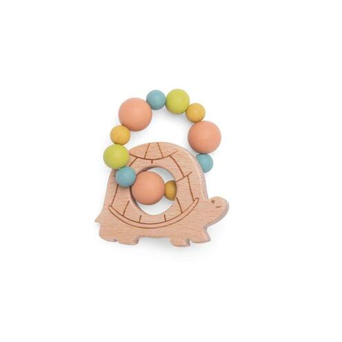 Hochet Anneau de Dentition Bois et Silicone Tortue Trois Petits Lapins Multicolore - MOULIN ROTY