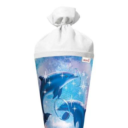 Roth Motiv-Schultüte, Delfine, 70cm, rund, Rot(h)-Spitze, Filzverschluss, Glitter