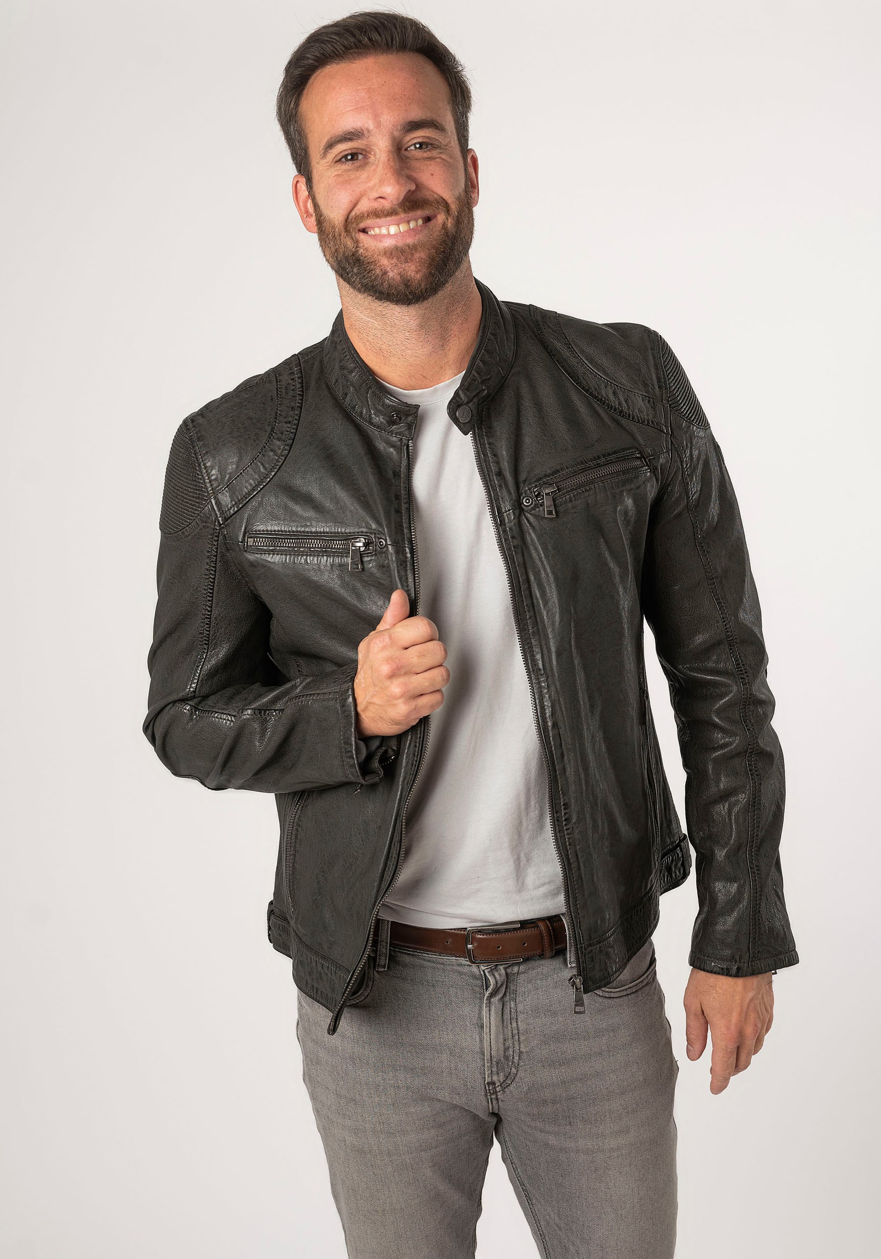 Mauritius Lederjacke »MMCollins« mti Reissverschluss, Stehkragen, Ziersteppung