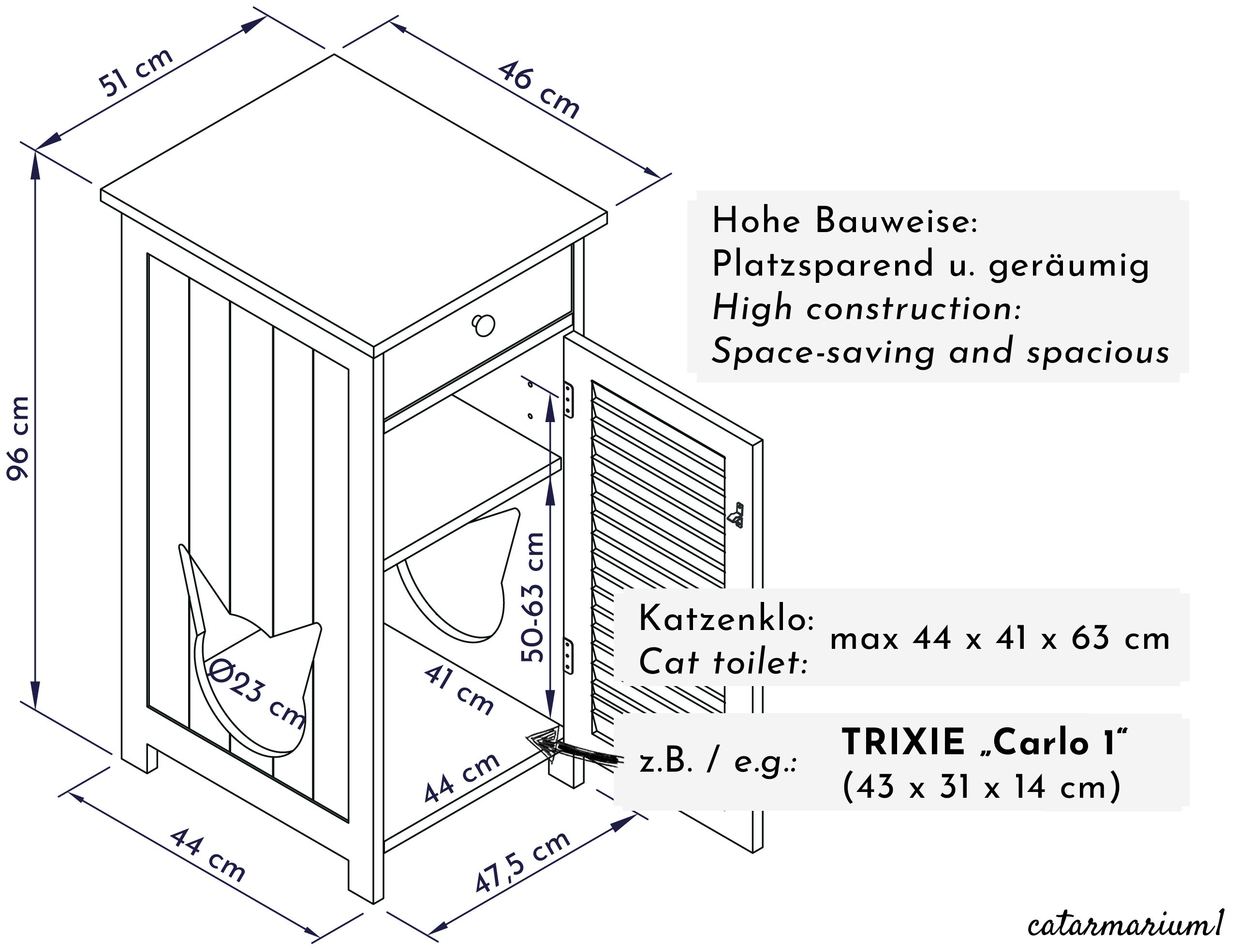 WONDERMAKE® Katzenschrank für Katzentoilette groß hoch aus Holz, Katzenklo-Schrank Kommode mit Schublade und Tür geschlossen, Design Katzen-Haus Toilette Klo XL, 51 x 46 x 96 cm, weiß