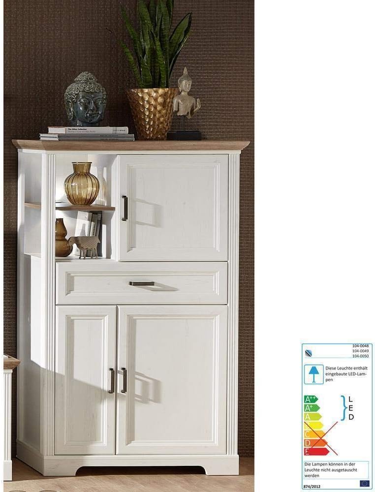 Lomadox Landhaus Wohnwand in Pinie weiß und Artisan Eiche Nb. Vitrine inkl. LED