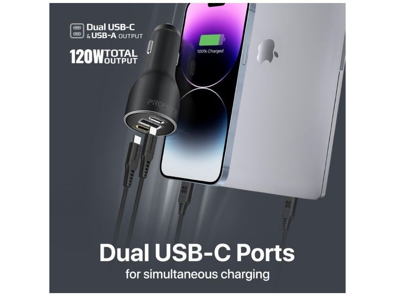 Promate PowerDrive 120 Watt USB-C Ladegerät Autoladegerät mit Power Delivery