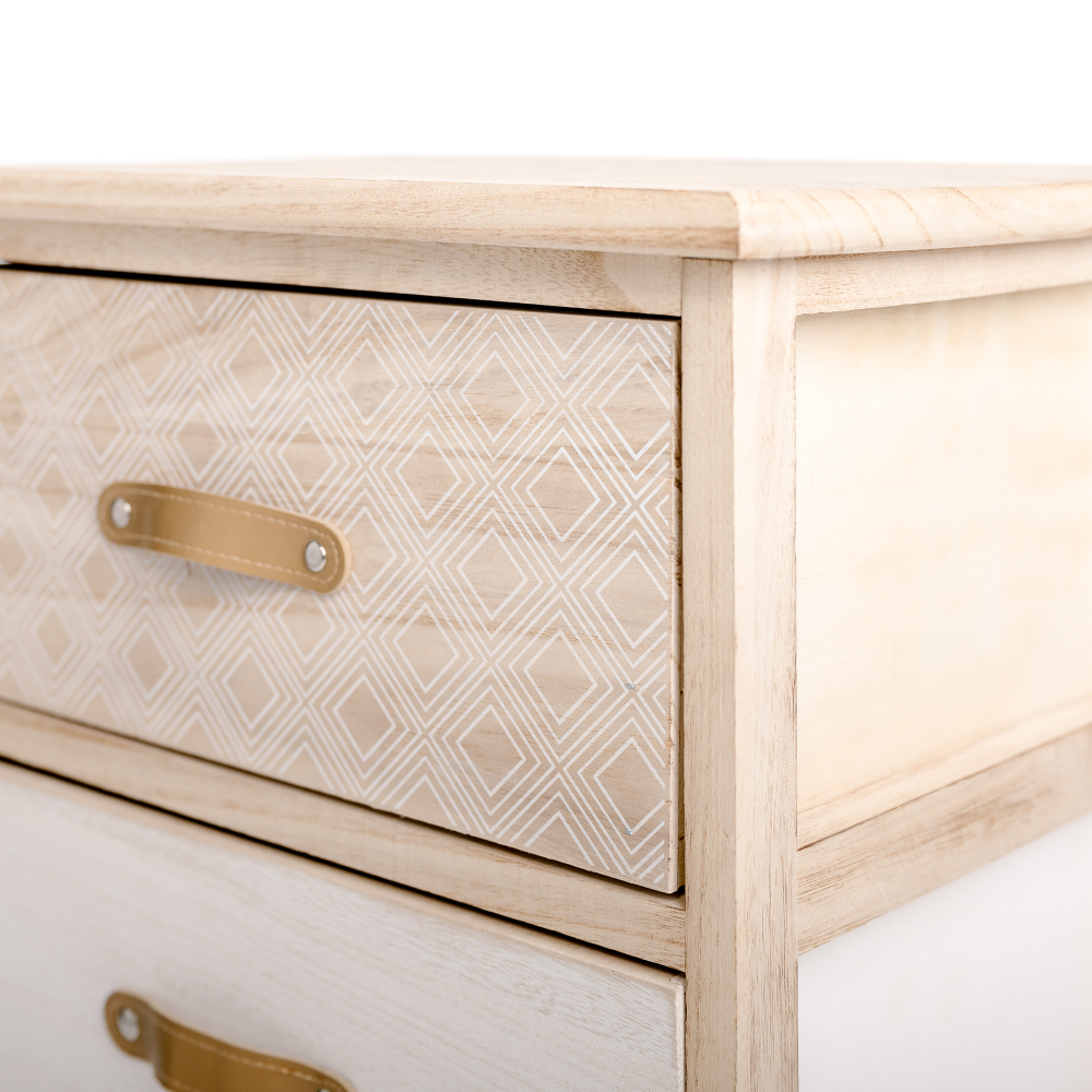 Meuble de rangement, table de chevet, chiffonnier bois pin blanc beige motif ethnique 3 tiroirs poignée effet cuir 40x29x66cm