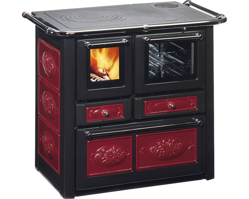 Westminster K85F vaste brandstoffornuis, bordeaux, oven rechts met stalen kookplaat