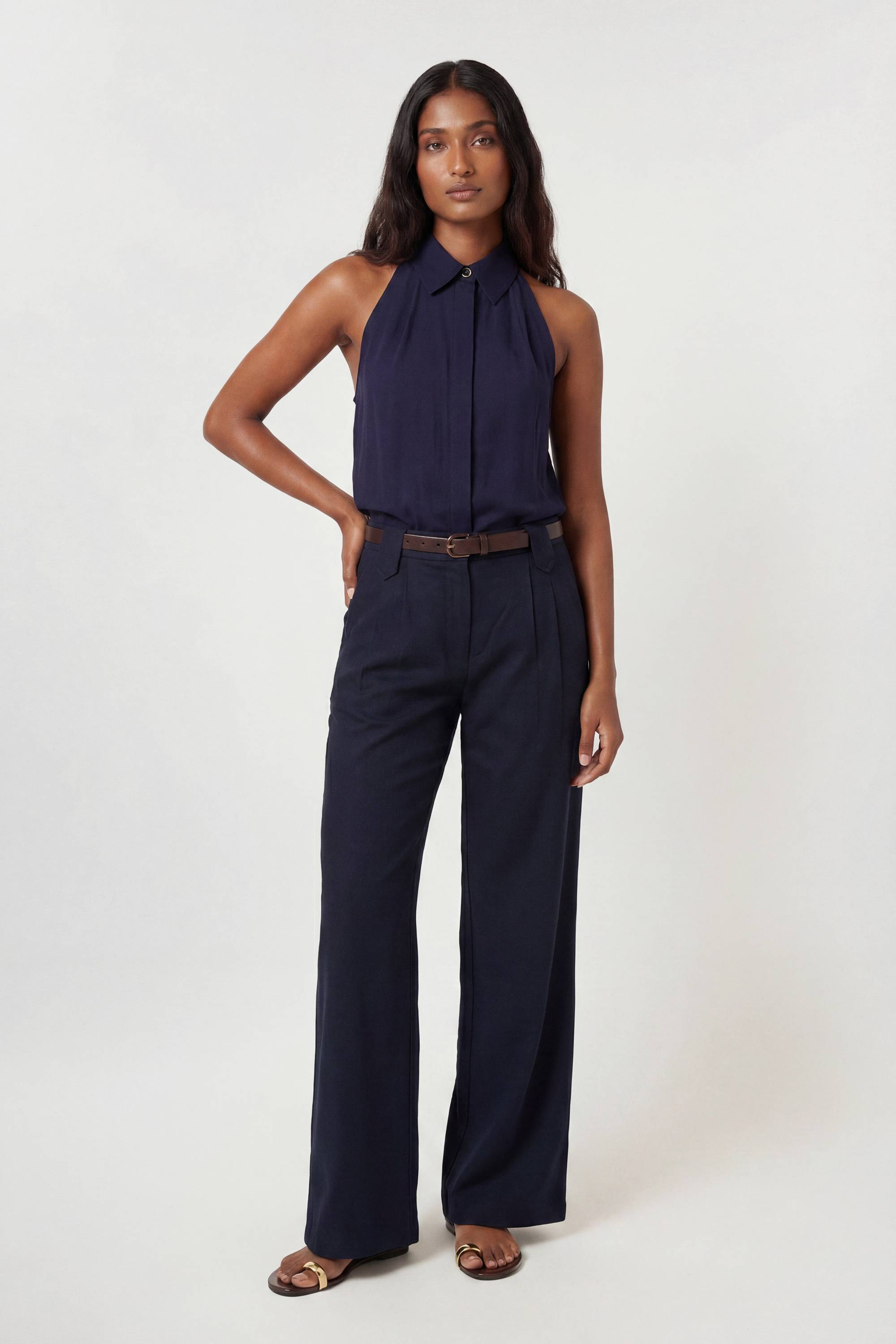 KarenMillen Chemise Haut De Gamme En Lin Et Viscose Avec Col Licou Tissé