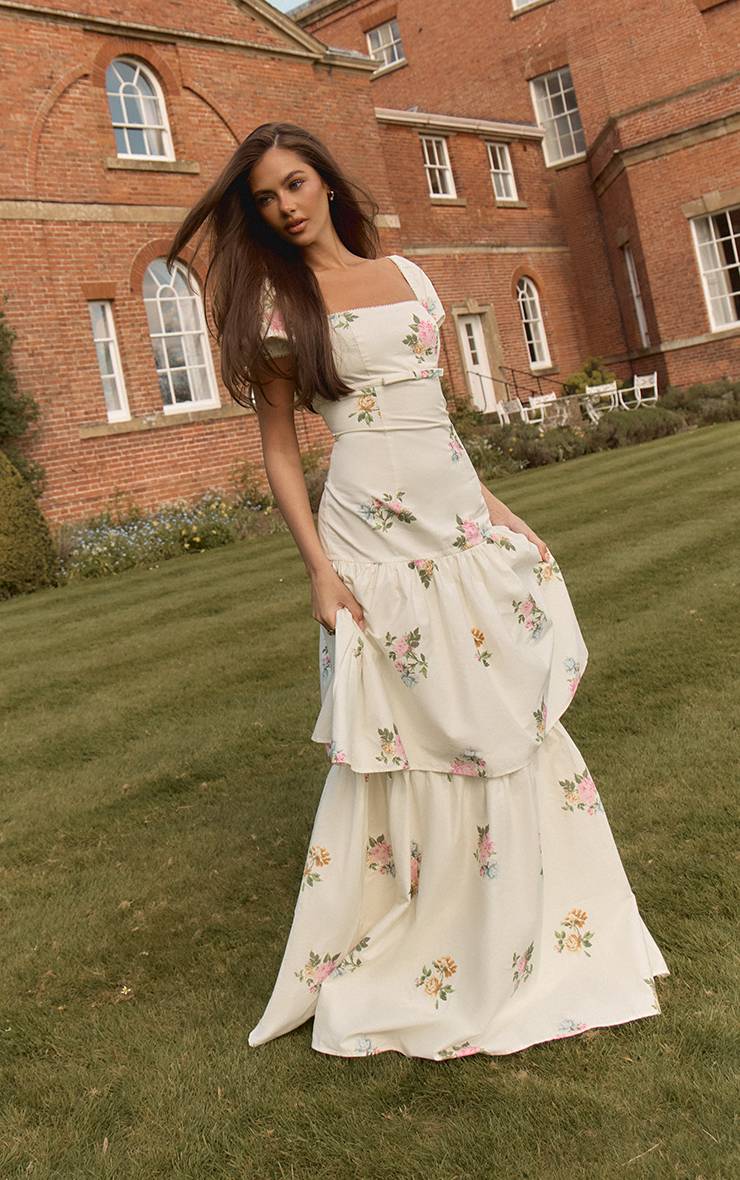 Crème Robe Maxi À Volants En Coton Imprimé Fleuri