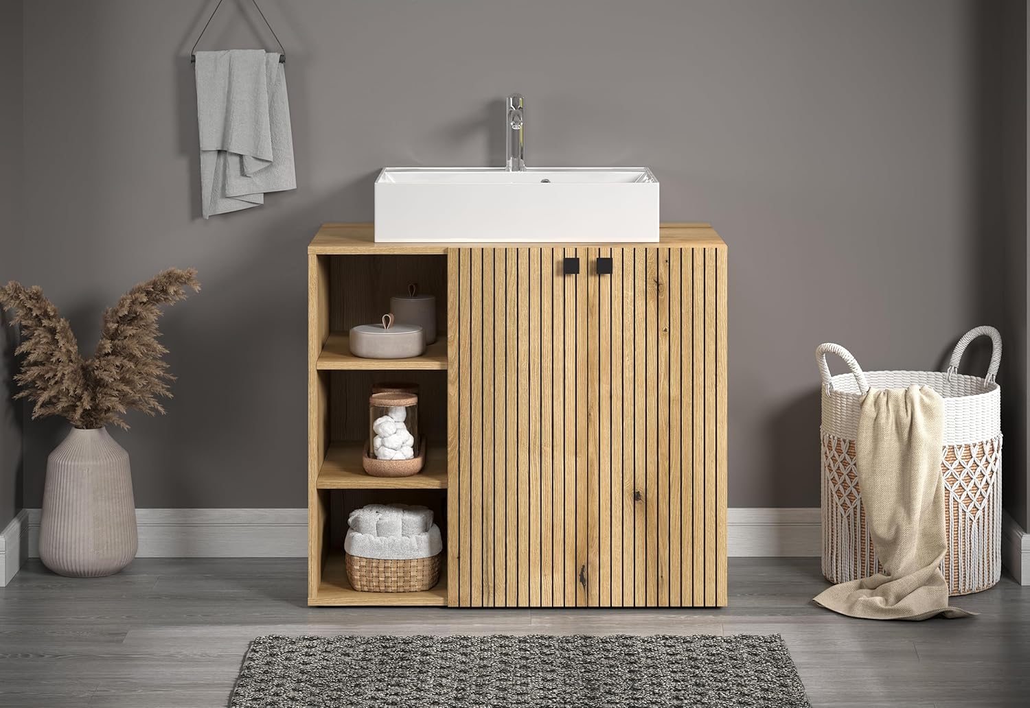 trendteam smart living - PureBliss - Waschbeckenunterschrank - Evoke Eiche - Rillenoptik - 3 offene Fächer + 1 Einlegeboden + 60cm Aufsatzwaschbecken - (BxHxT) 90 x 91 x 53cm - Metallgriffe