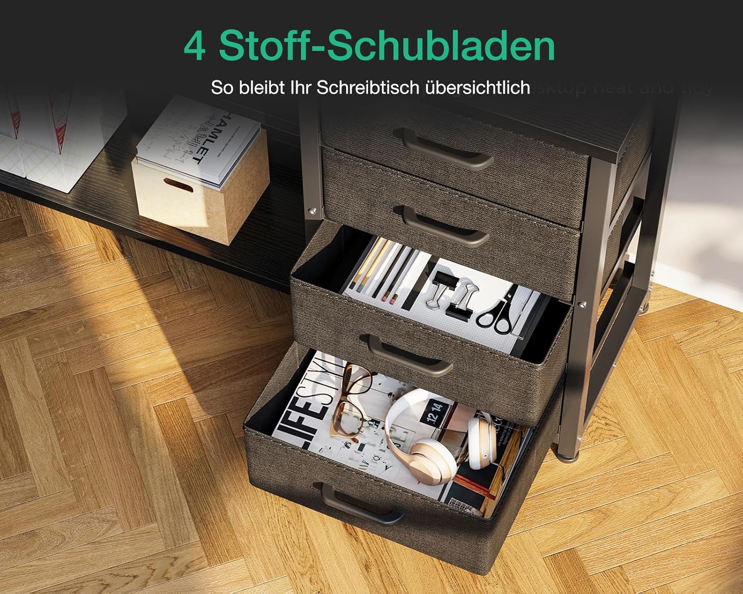 ODK Schreibtisch mit Schubladen, 155×110cm Reversible Eckschreibtisch mit 2 Steckdosen und 2 USB Ladeanschluss, Bürotisch L Form mit LED für Home Office, Schwarz