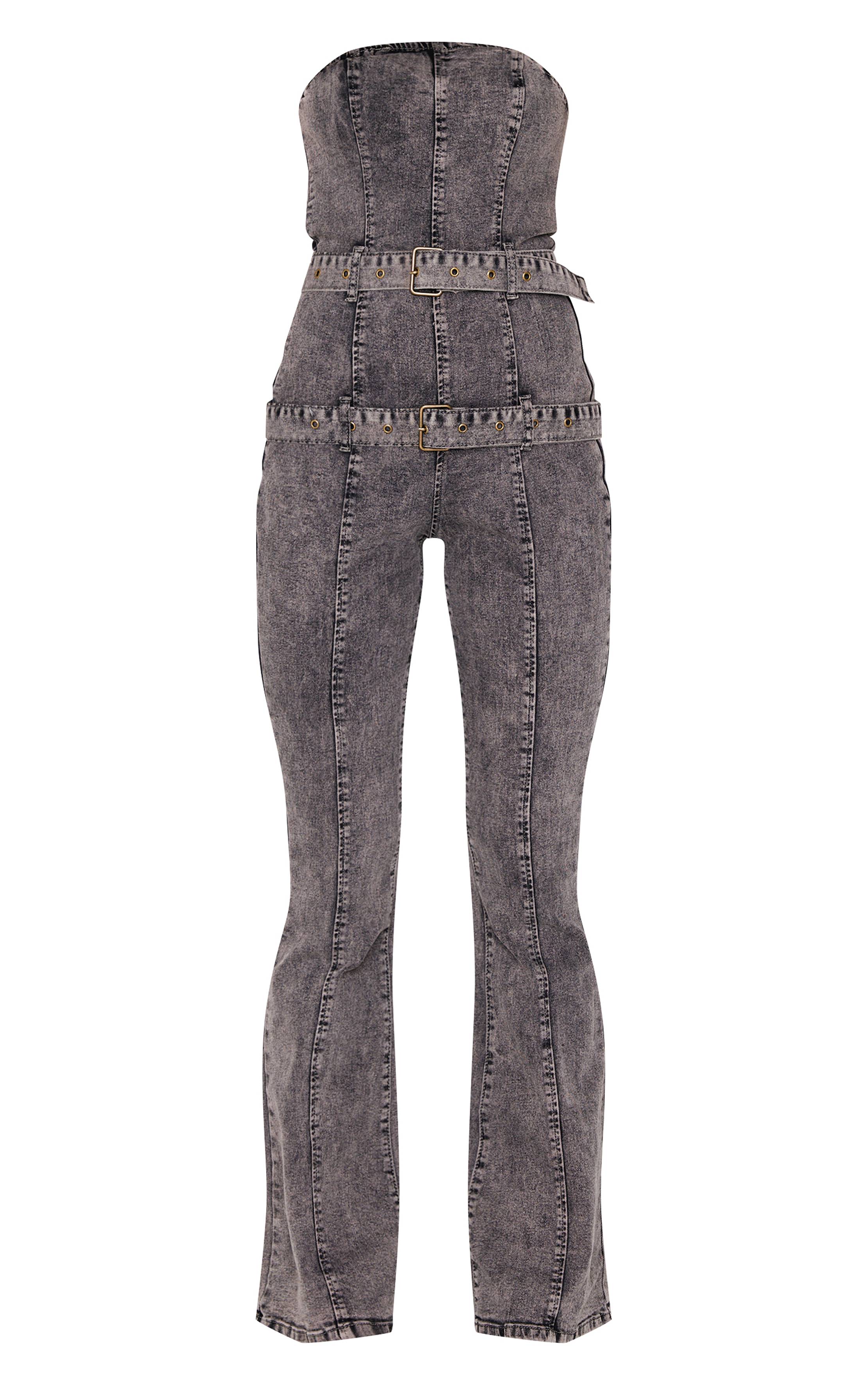 Washed Grey Combinaison En Jean Jambe Droite Gris Délavé Avec Détail Boucle
