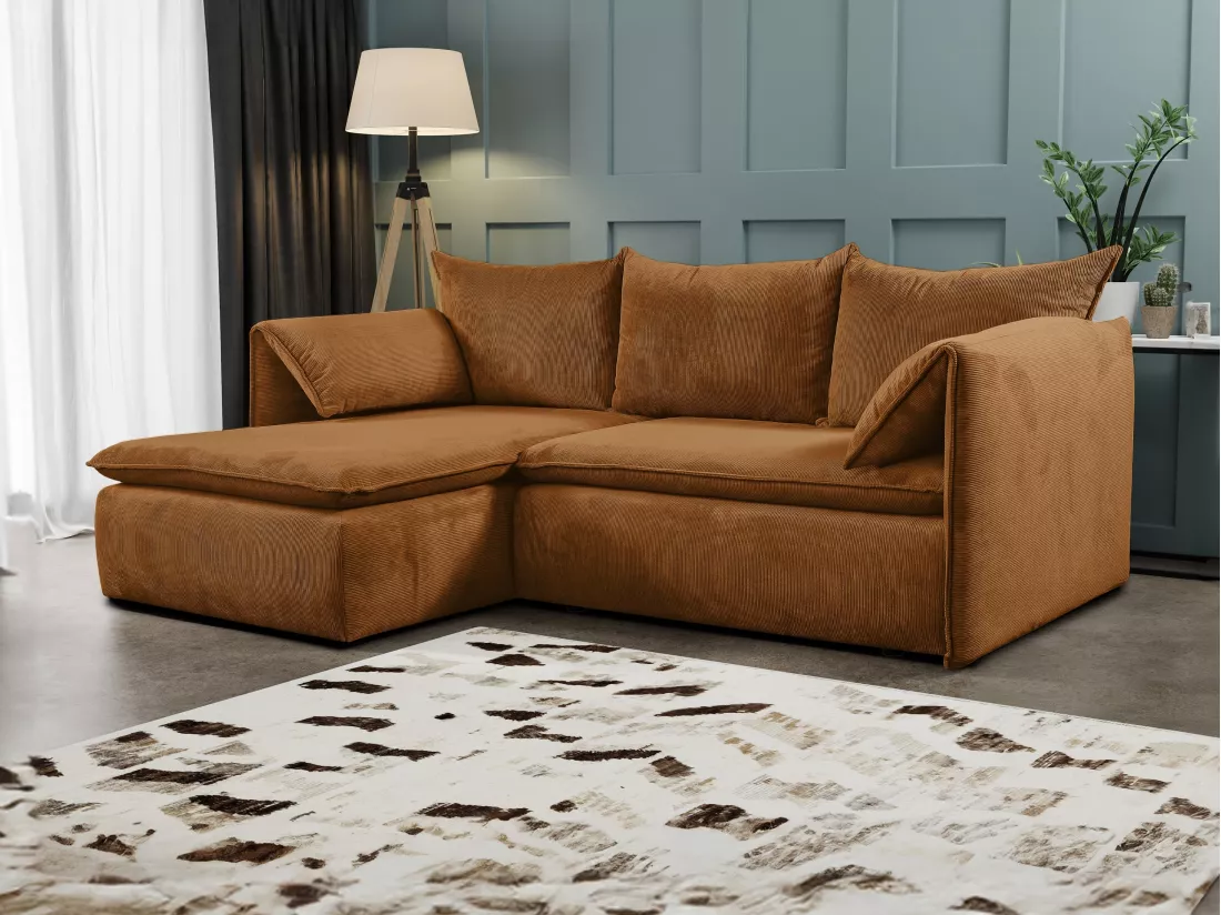 Canapé d'angle gauche convertible en velours côtelé terracotta TEODORA