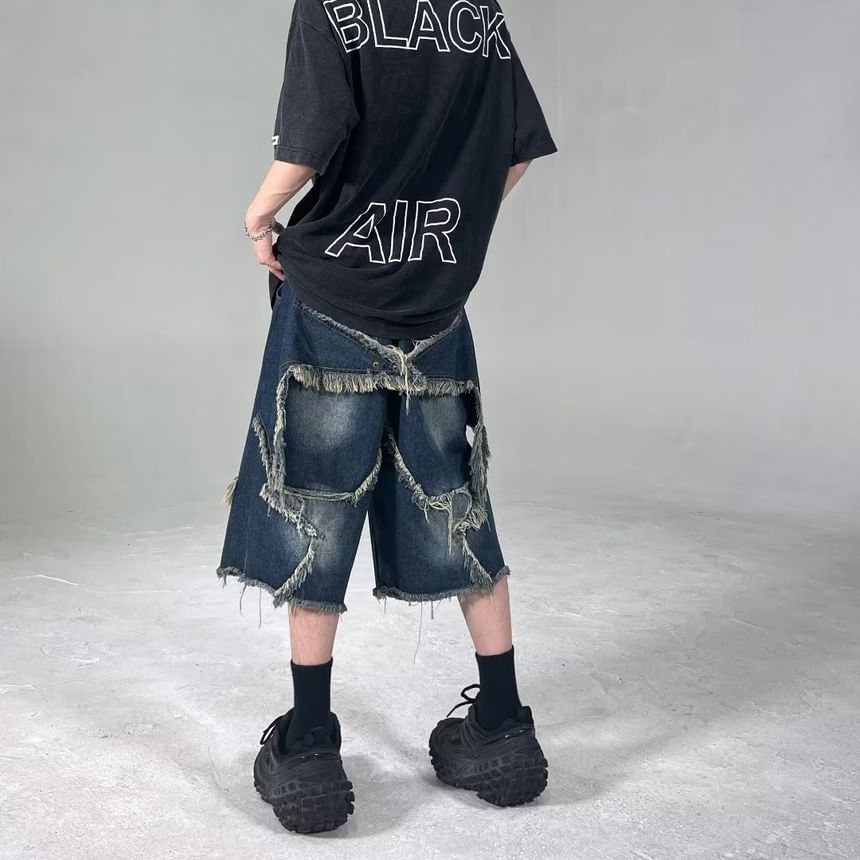 Lingaris - Hoge taille denim shorts met wijde pijpen en versleten look