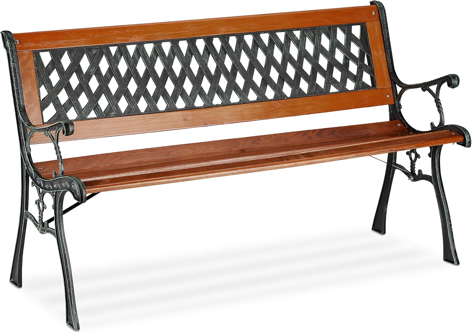 Relaxdays Gartenbank, 2 Sitzer, Holz & Gusseisen, Balkon & Terrasse, rustikale Sitzbank, HBT: 73x125x52,5 cm, braun/grün, Rotbraun - Dekor Geflecht
