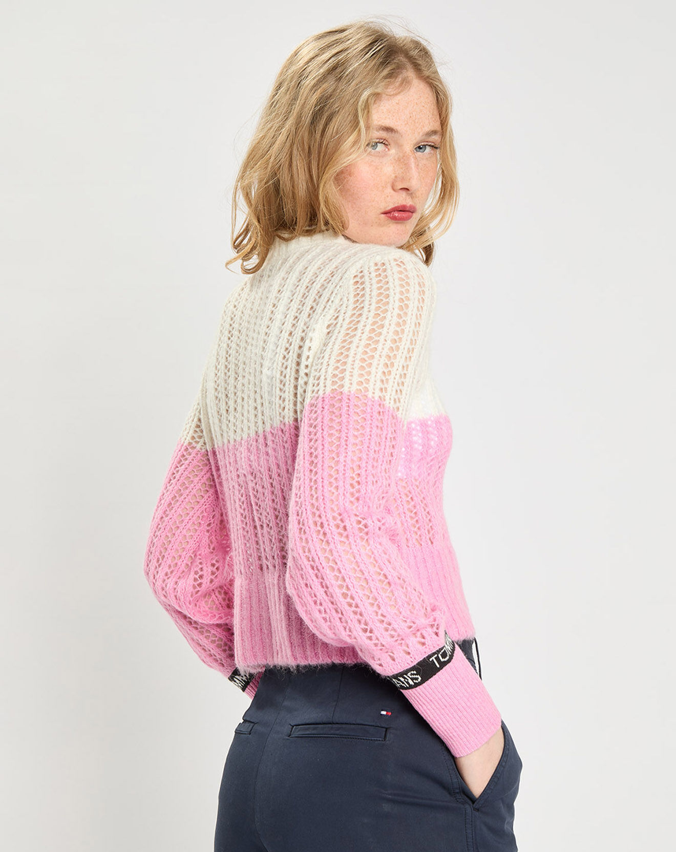 Tommy Jeans Pull en Laine mélangée lightweight stripe rose/blanc