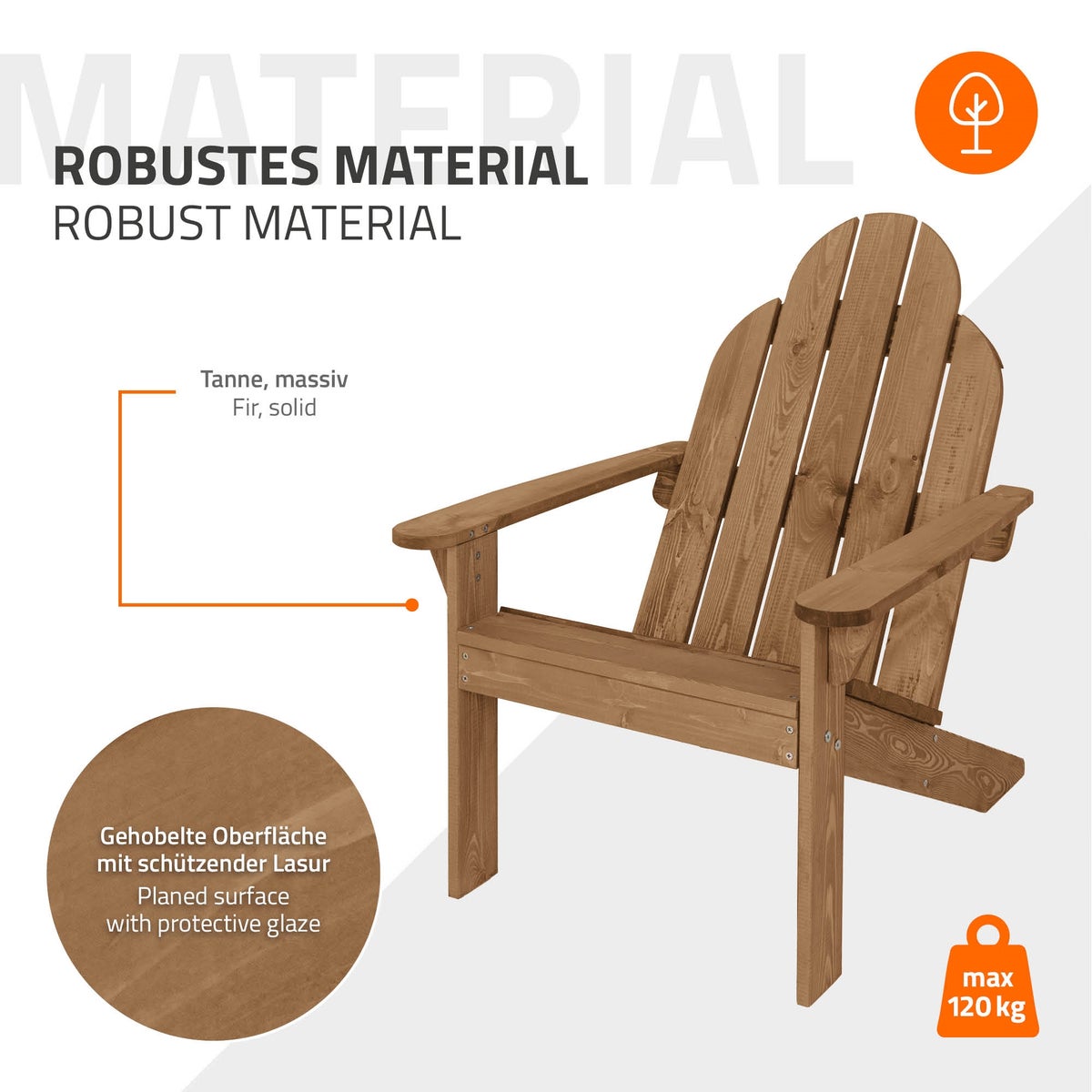 ECD Germany Adirondack stoel van massief dennenhout, 92,5x70x89 cm, bruin, tuinstoel met rugleuning en armleuningen, ergonomische houten stoel, weerbestendige tuinstoel, relaxstoel voor balkon, tuin, strand