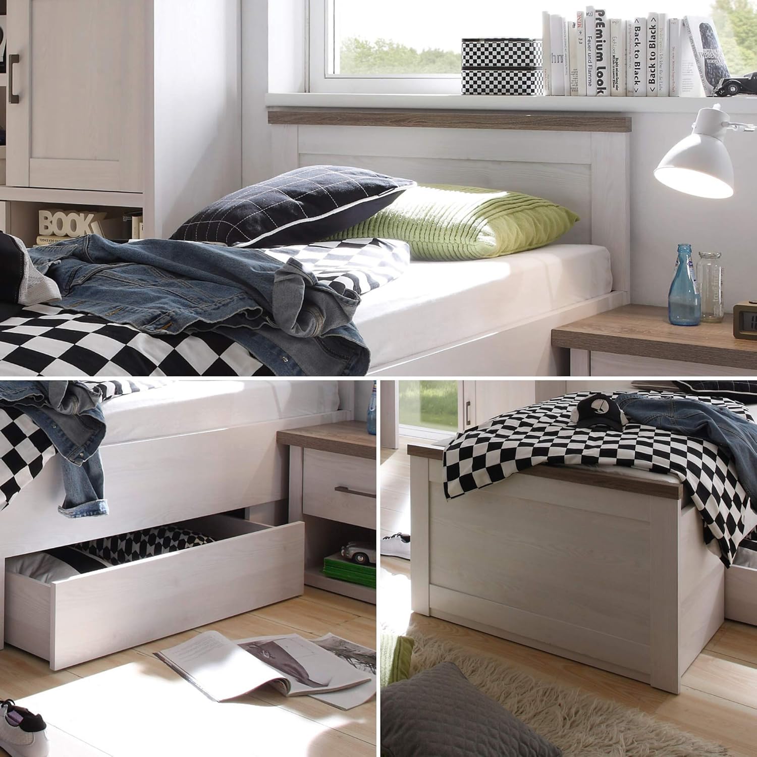 Stella Trading Stilvolles Einzelbett 90 x 200 cm mit Bettkasten - Komfortables Landhausstil Jugendzimmer Bett in Pinie Weiß / Trüffel - 96 x 90 x 205 cm (B/H/T)
