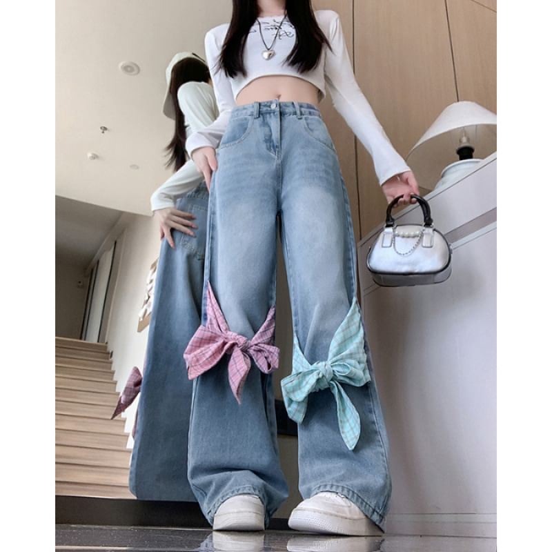 OGAWA - High Waist Ribbon Accent Washed Wide Leg Jeans