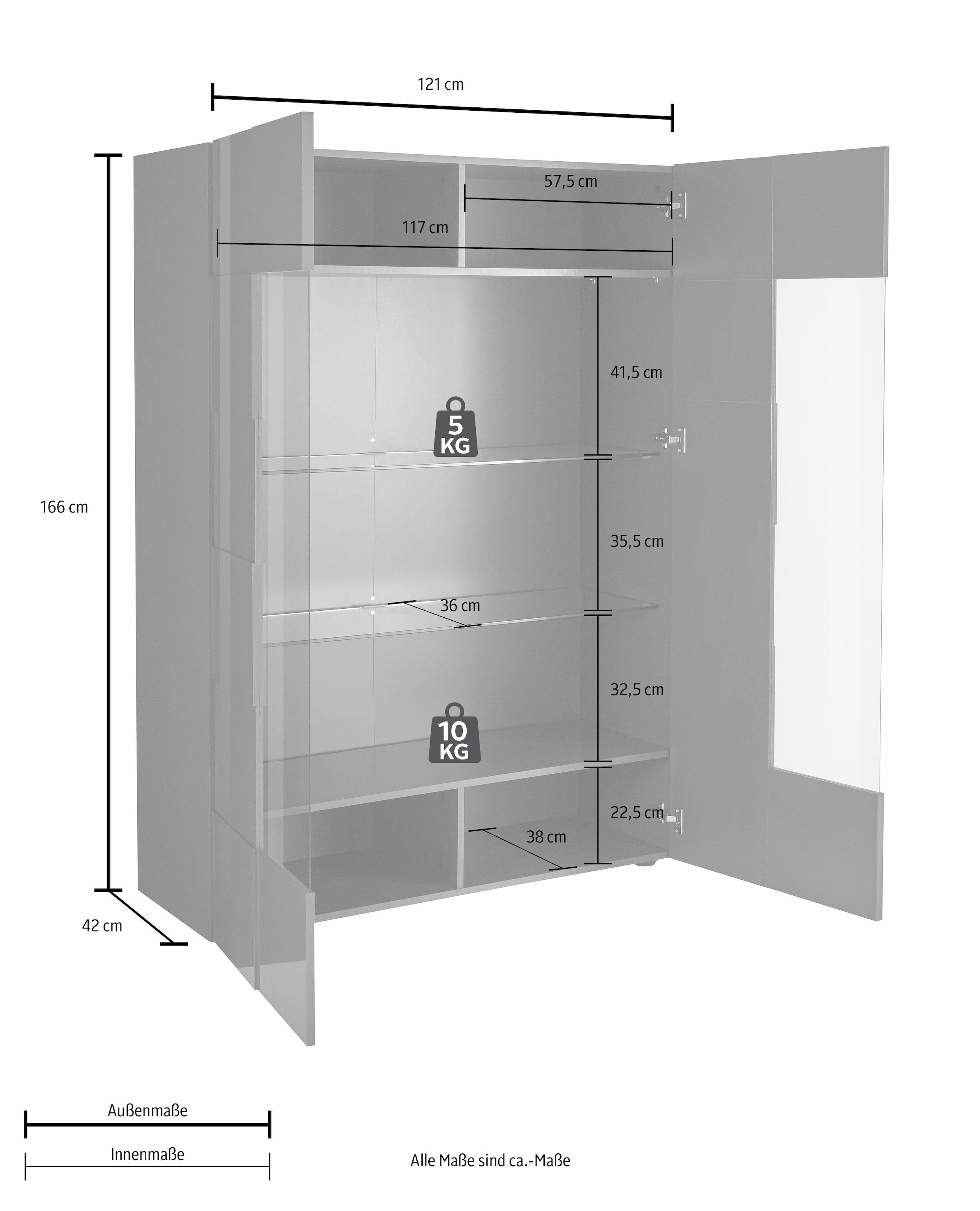 INOSIGN Vitrine »Dama Höhe 166 cm, Breite 121 cm, Stauraumvitrine mit 2 Türen,« Standvitrine - Front in 3D-Optik, viel Stauraum, verschiedene Farben