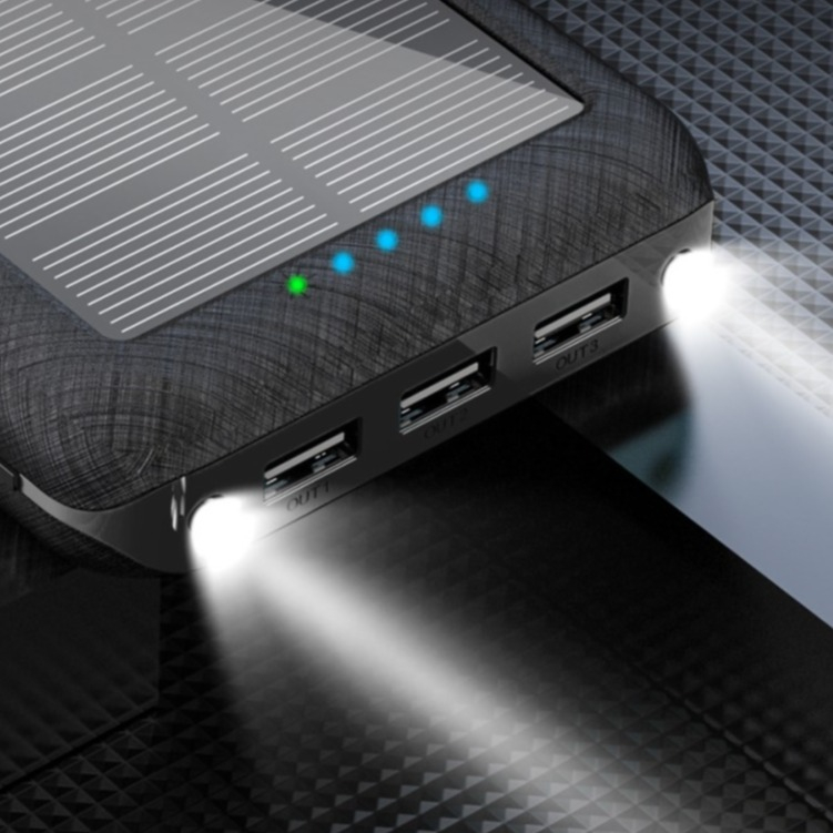 (2.1A) 20000mAh 3-fach USB A Solar Powerbank Qi Wireless Ladegerät mit Dual LED Taschenlampe - Schwarz