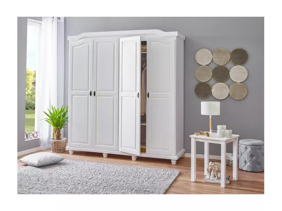 NEDER - Armoire 4 Portes Bois Massif Blanc