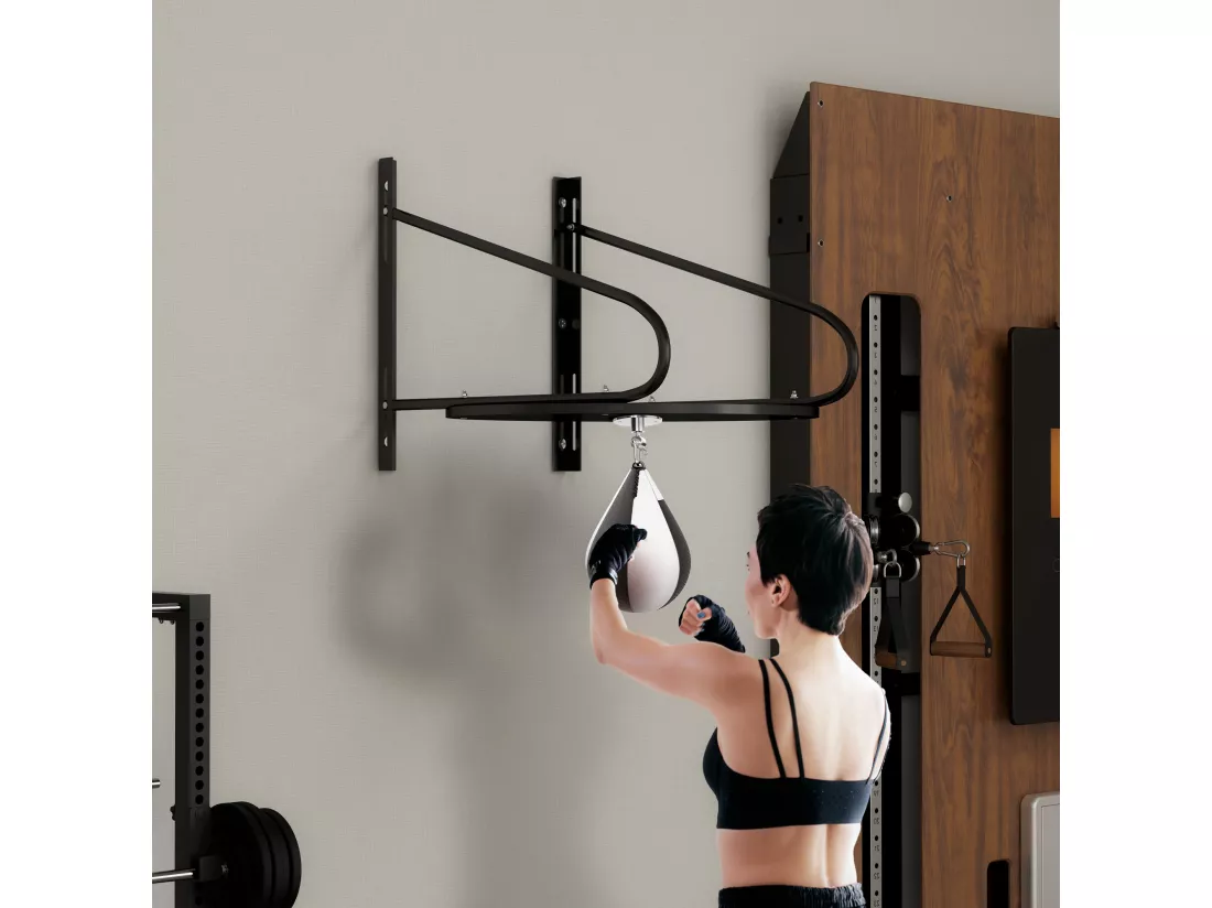 Poire de vitesse boxe pivotante 360° - crochet, pompe inclus - acier PU noir blanc