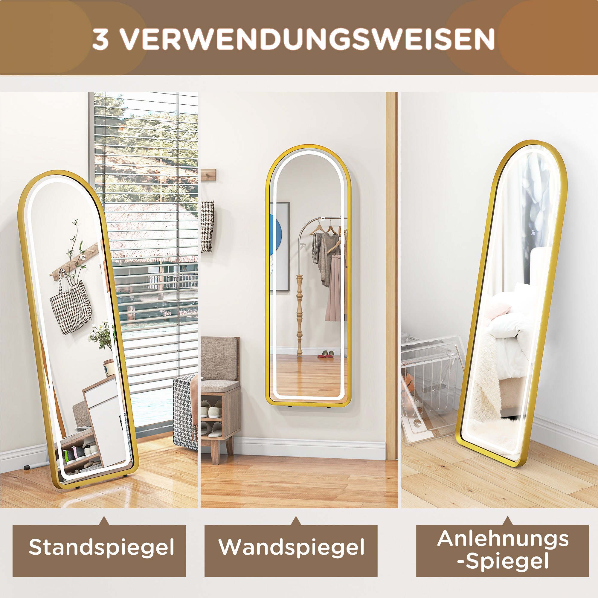 HOMCOM Ganzkörperspiegel mit Beleuchtung gold 151,5L x 50B x 4H cm