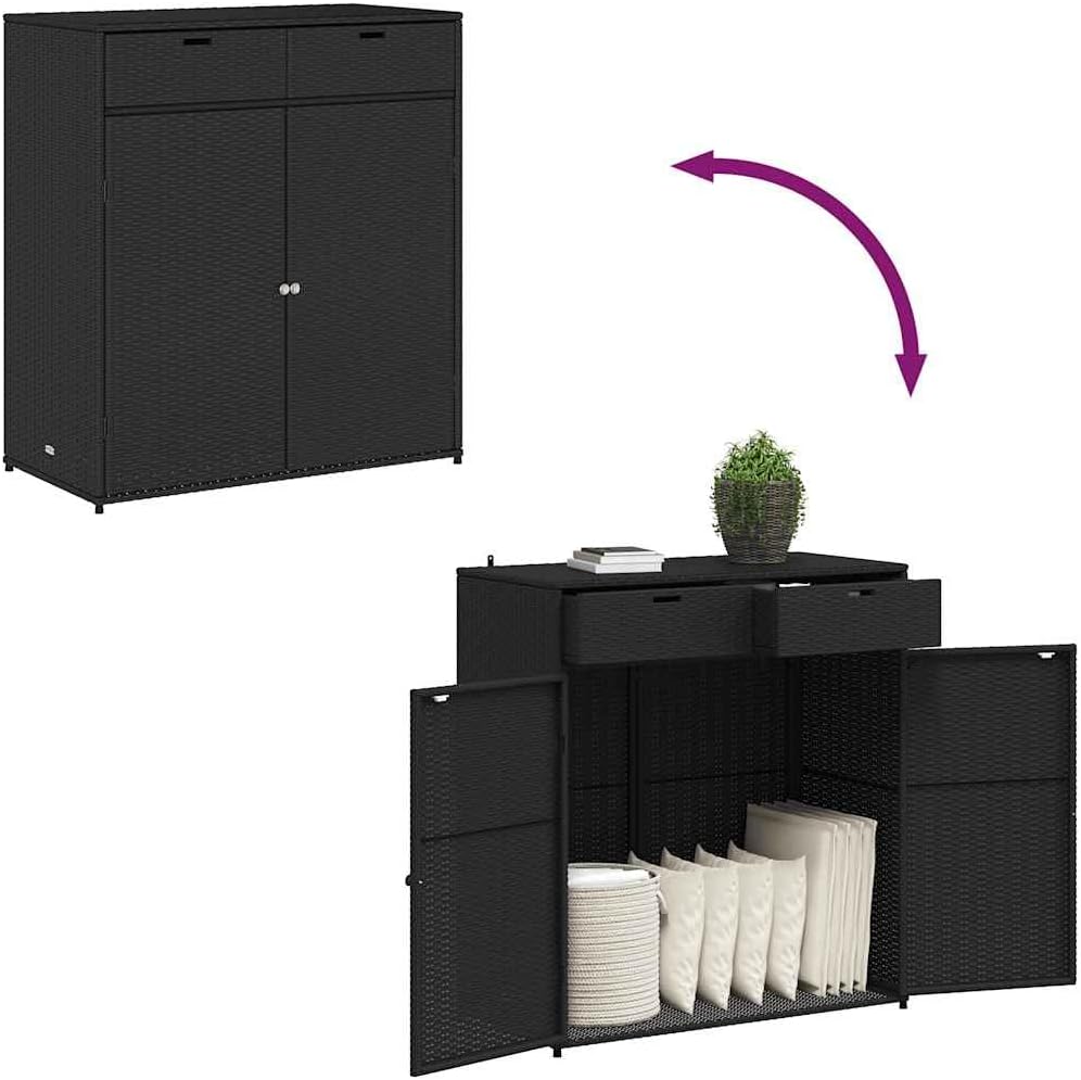 vidaXL Gartenschrank, Geräteschrank mit viel Stauraum, Beistellschrank Schrank mit Türen, Balkonschrank Terrassenschrank, Schwarz Poly Rattan