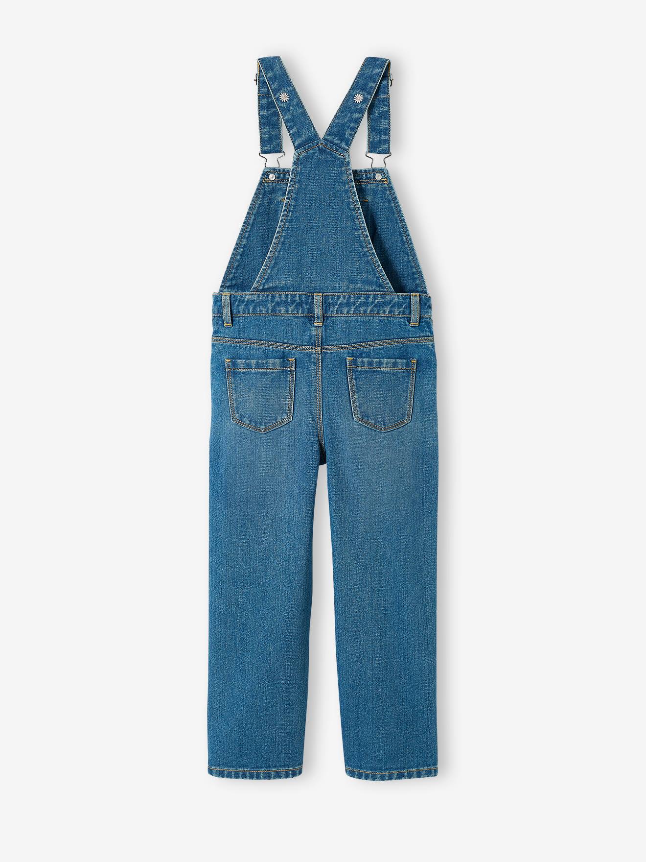 Jardineira jeans com bordado floral e pernas largas, lavagem azul escura, para meninas.