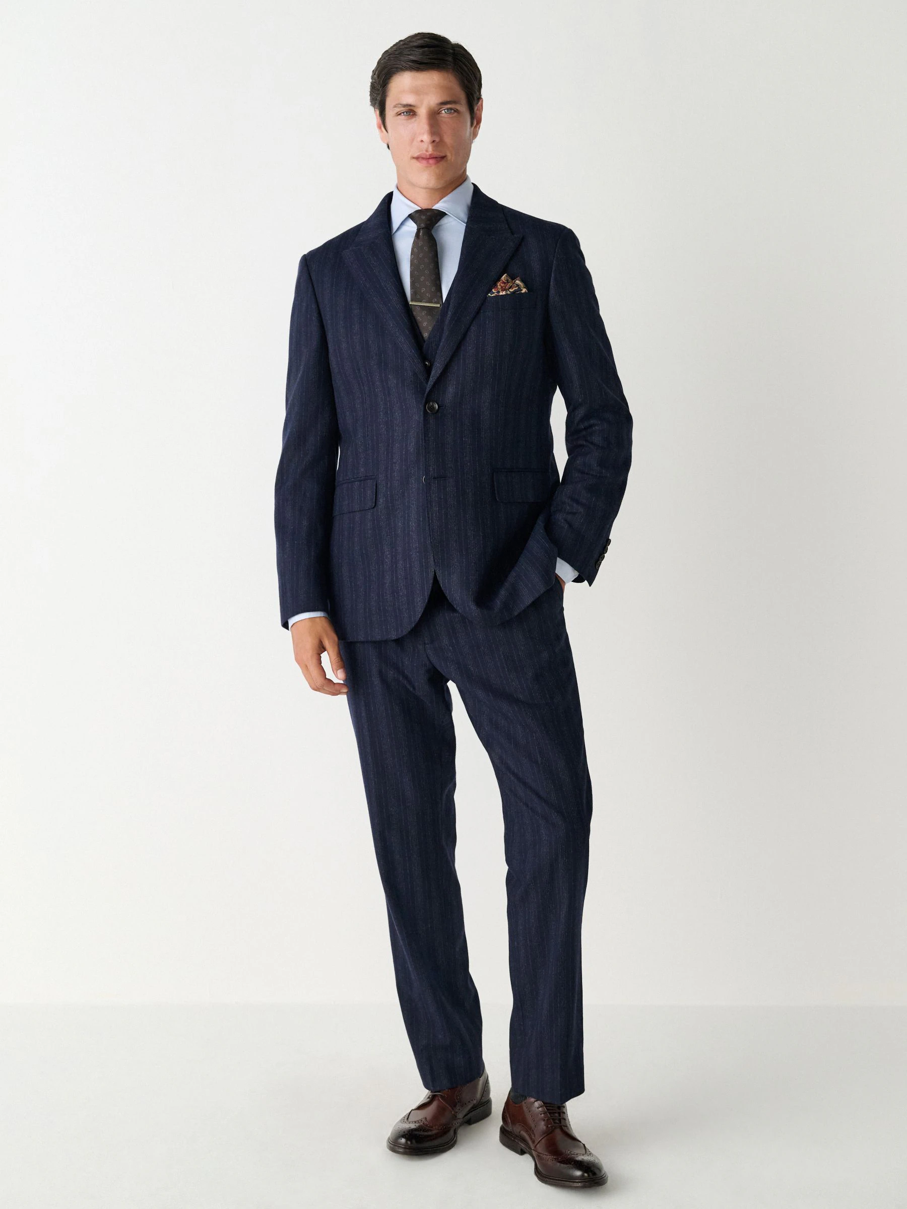 Donkerblauw - Tailored Fit Striped Wool Blend Suit Jacket