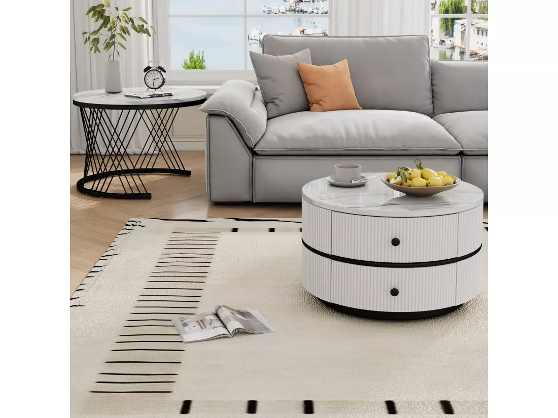 Lot de 2 tables basses gigognes rondes avec 2 tiroirs - 60x60x46cm + 50x50x30.8cm - Motif à marbre - Bois MDF et métal - Blanc + noir