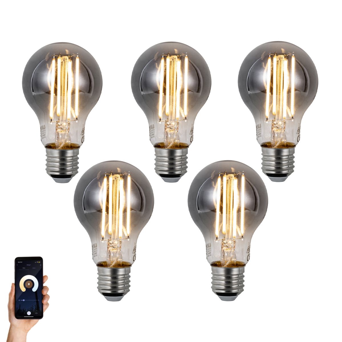 Set van 5 Smart E27 dimbare LED lampen A60 smoke 4.9W 150 lm 1800K