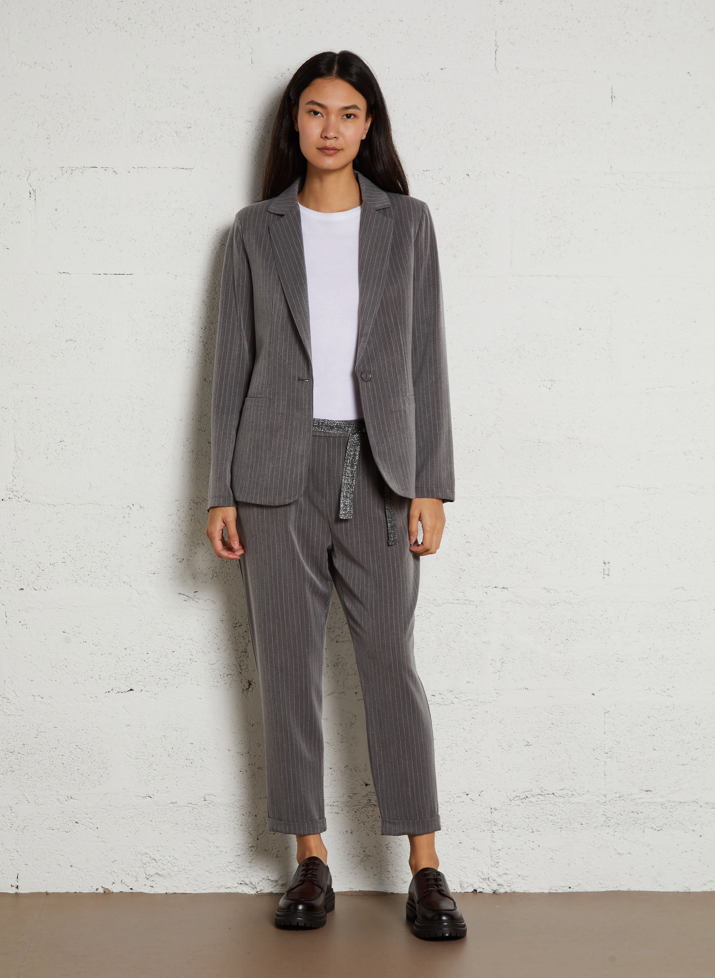 Blazer col tailleur droit à rayures | Gris