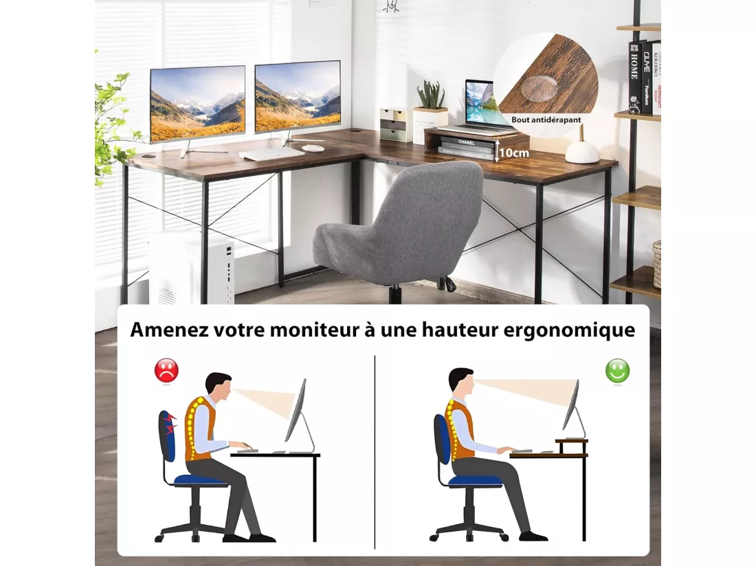 Bureau d'angle en L Réversible avec Support de Moniteur/Poste de Travail Industriel pour 2 Personnes avec 3 Trous de Câble- 150 x 150 x 74 CM, Marron Rustique
