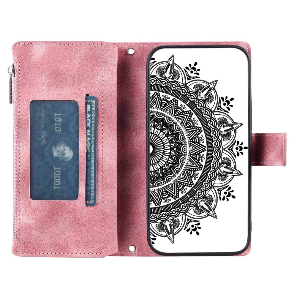 Samsung Galaxy S23 5G Leder Tasche Flip Cover mit Reissverschluss - Mandala Flowers Imprint - Rosa